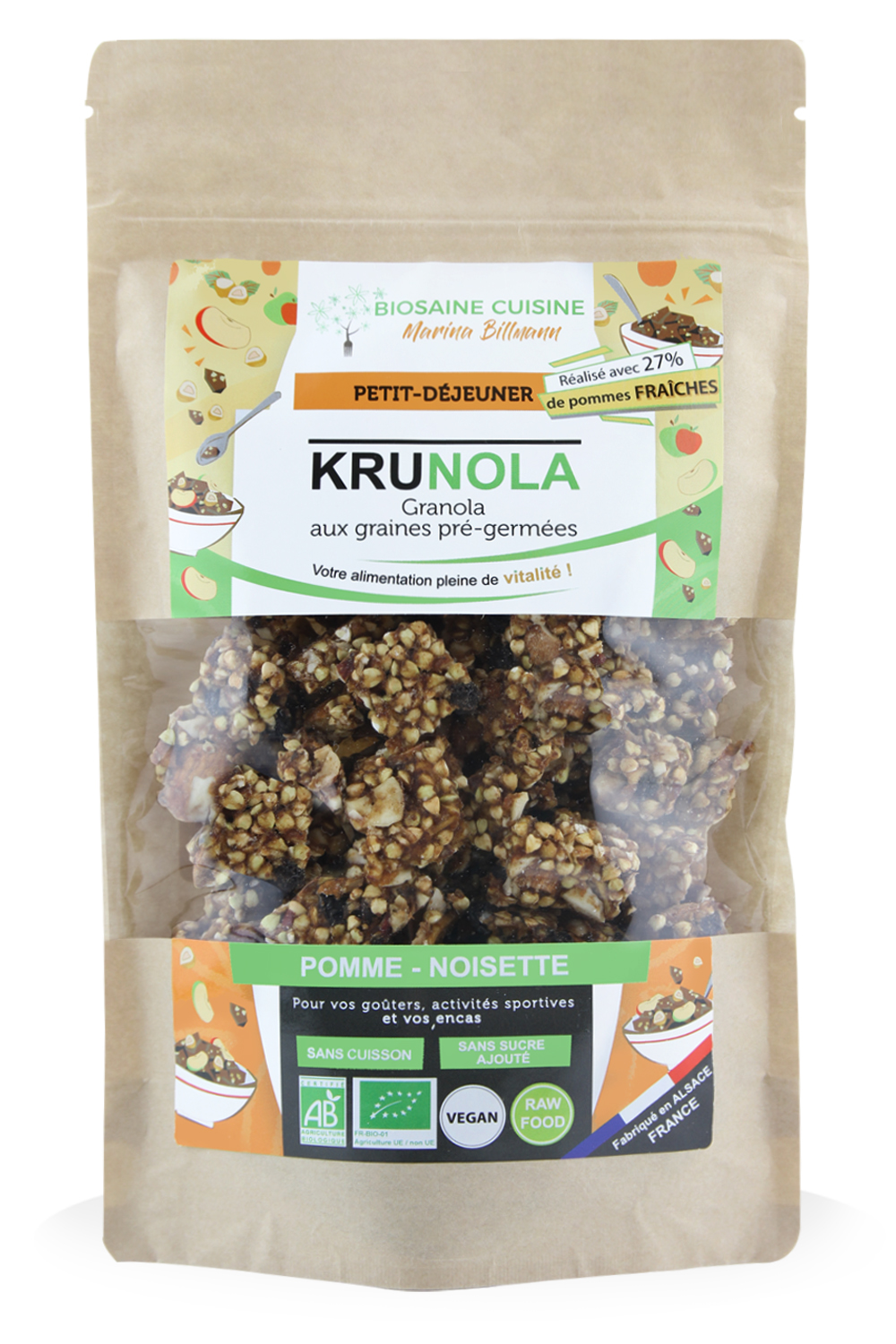 Le Krunola Pomme Noisette, granola sans sucré ajouté, réalisé à